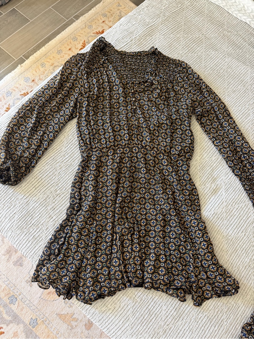 Veronica Beard Black Floral-Print Long Sleeve Smocked Dress